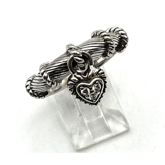 Judith Ripka Sterling Silver 925 CZ Dangle Heart Charm Ring Sz 9 - Picture 1 of 9